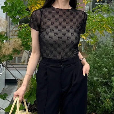 See-through layered ribbon T-shirt