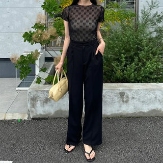See-through layered ribbon T-shirt