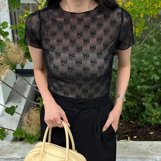 See-through layered ribbon T-shirt