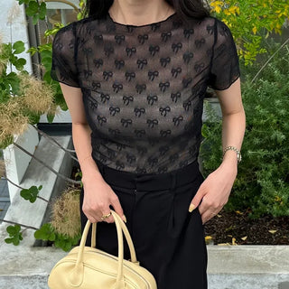 See-through layered ribbon T-shirt