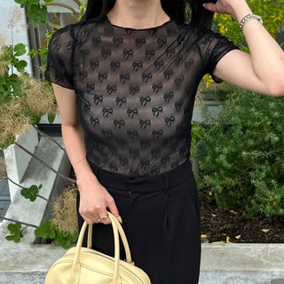 See-through layered ribbon T-shirt