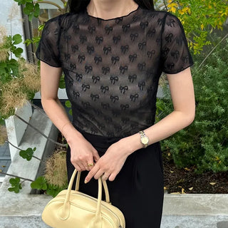 See-through layered ribbon T-shirt