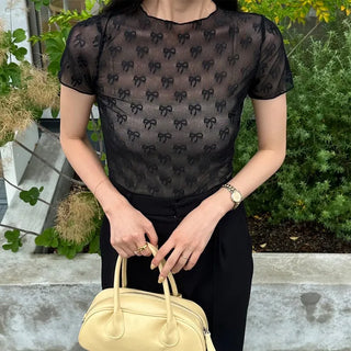 See-through layered ribbon T-shirt