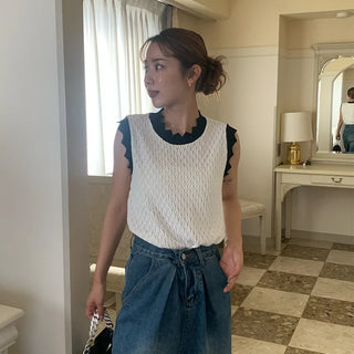 Two-tone perforated knit top