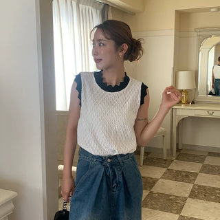 Two-tone perforated knit top