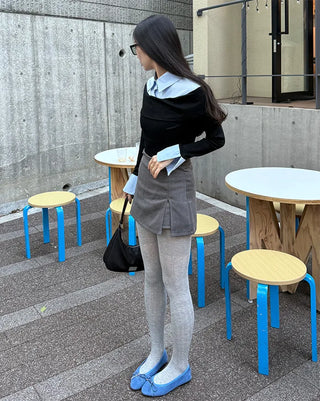 Shirt-layered off-shoulder blouse