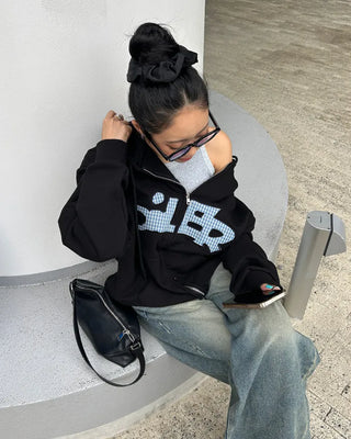 (Unisex) Tartan Check Patch Double Zip Hoodie