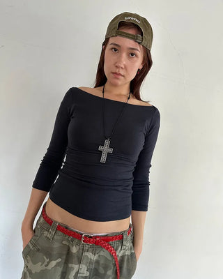 Boat neck cropped sleeve cut and sew