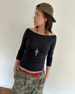 Boat neck cropped sleeve cut and sew