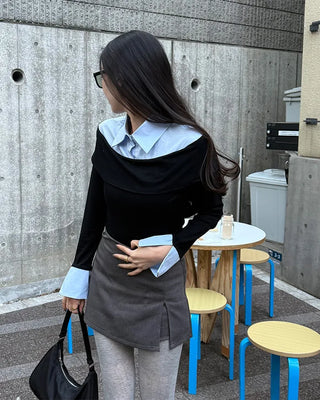 Shirt-layered off-shoulder blouse