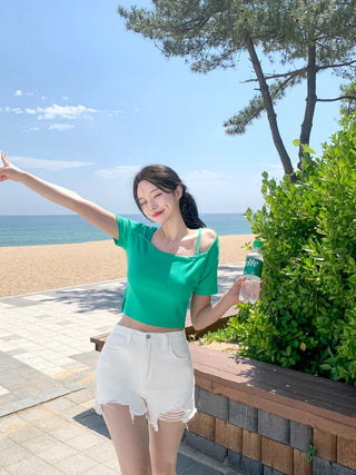 [2-way] Asymmetrical Shoulder Short-Sleeve T-Shirt (6 colors)