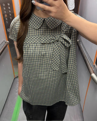 Ribbon bust detail round collar short-sleeved blouse