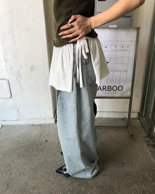 Double-pleated cotton wide-leg pants and belt set