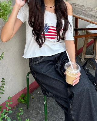 American Cut-Off Shoulder Neck Cropped T-Shirt