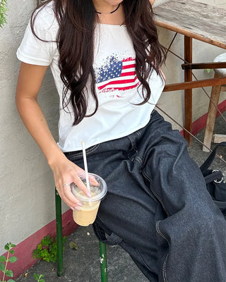 American Cut-Off Shoulder Neck Cropped T-Shirt