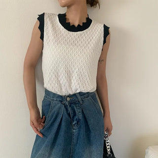 Two-tone perforated knit top