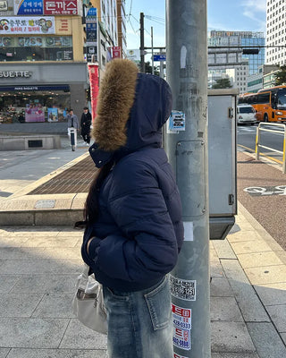 Loop button attached fur hood short down jacket