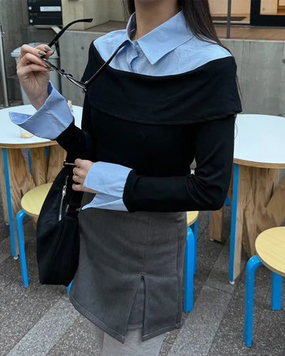 Shirt-layered off-shoulder blouse