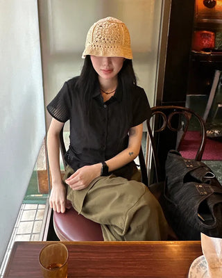 Weighted Shirring Point Short-Sleeve Crop Shirt