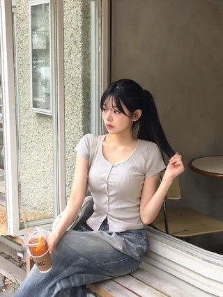 Slim ribbed short-sleeved cardigan (4 colors)