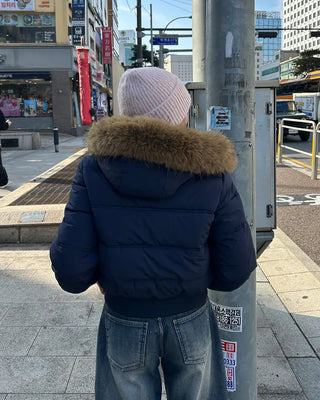 Loop button attached fur hood short down jacket