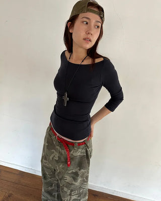 Boat neck cropped sleeve cut and sew
