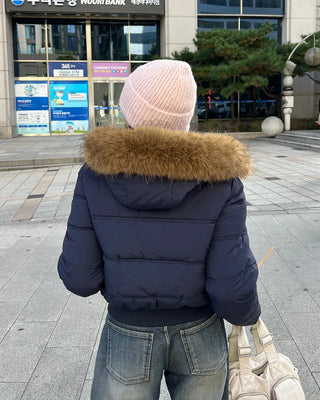 Loop button attached fur hood short down jacket