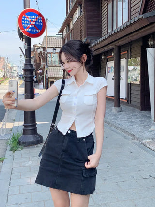 Pocket short-sleeved cropped shirt