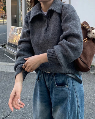 Button-collar long-sleeved knit