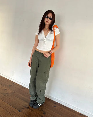 Lace V-neck strap gathered cap sleeve