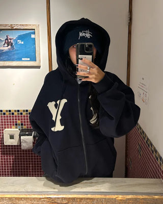 (Unisex) NY Unique Big Patch Zip-Up Hooded Parka