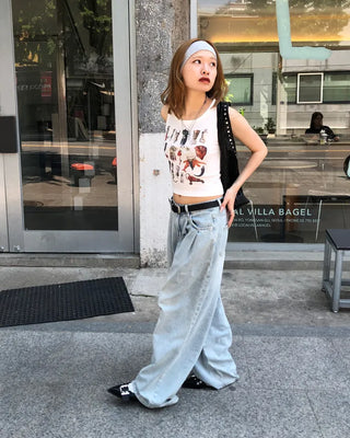 Double-pleated cotton wide-leg pants and belt set