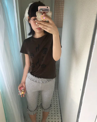 Frilled hem ribbed capri leggings pants