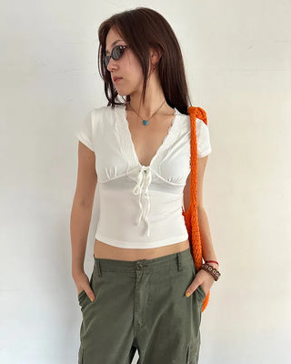 Lace V-neck strap gathered cap sleeve
