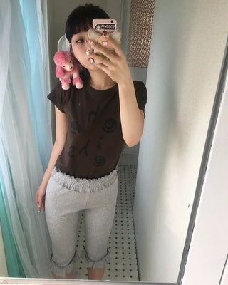 Frilled hem ribbed capri leggings pants