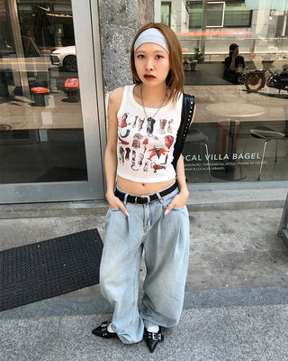 Double-pleated cotton wide-leg pants and belt set