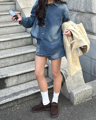 Loose denim shirt and shorts set