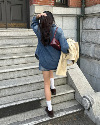 Loose denim shirt and shorts set
