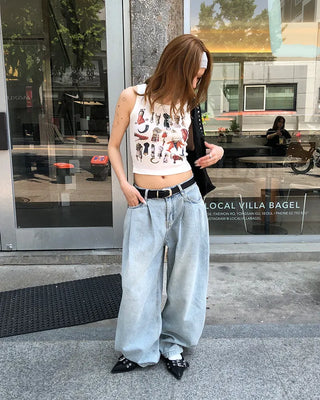 Double-pleated cotton wide-leg pants and belt set
