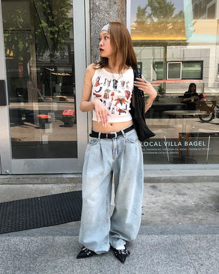 Double-pleated cotton wide-leg pants and belt set