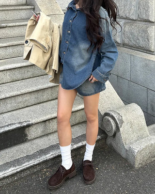 Loose denim shirt and shorts set
