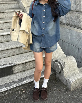 Loose denim shirt and shorts set