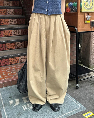 Cotton wide-leg long pants with elastic waistband
