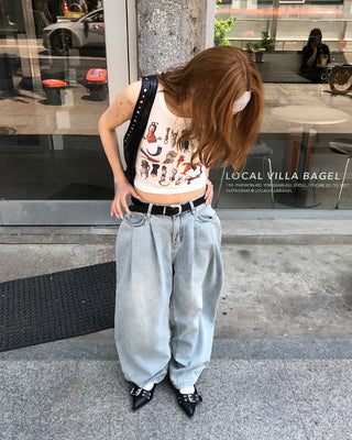 Double-pleated cotton wide-leg pants and belt set