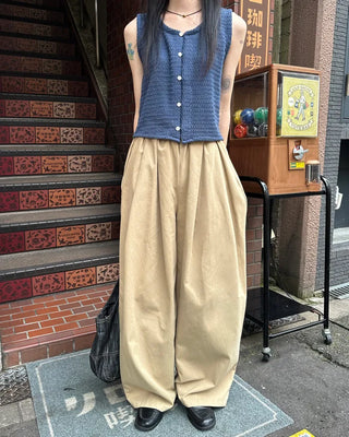 Cotton wide-leg long pants with elastic waistband
