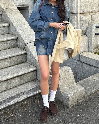 Loose denim shirt and shorts set