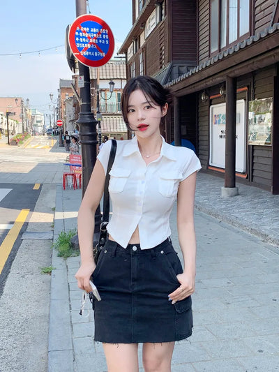 Pocket short-sleeved cropped shirt