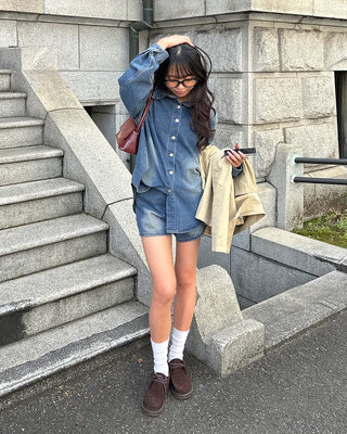 Loose denim shirt and shorts set