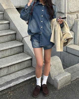 Loose denim shirt and shorts set