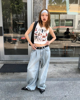 Double-pleated cotton wide-leg pants and belt set